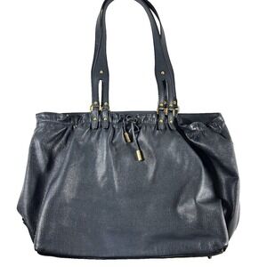 DKNY Karen Large Soft Leather Drawstring Shoulder Tote Bag Black Gold Hardware